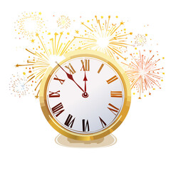 New Year Countdown Clock Illustration &mdash; Elegant Golden Clock with Fireworks and Winter Landscape, Flat Festive Vector Design