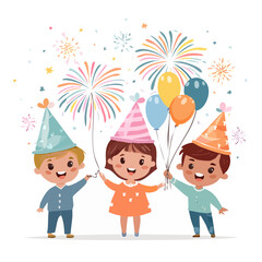 Cute Birthday Kids Illustration &mdash; Happy Children with Party Hats, Balloons, and Fireworks, Flat Cartoon Vector Design
