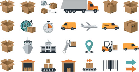 Logistics and shipping icons, cardboard boxes, trucks, airplanes, and warehouses illustrations