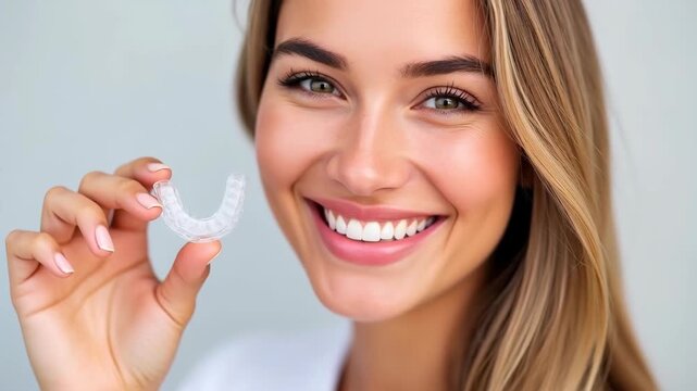 Woman Smiling and Holding Invisalign Aligners: Perfect Smile Transformation 
