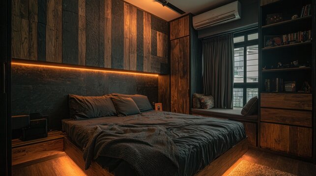 Bedroom dark wood modern style HDB ceiling interior design contemporary