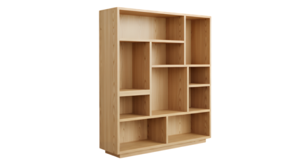 Wooden bookshelf isolated on transparent background - modern furniture design for home organization