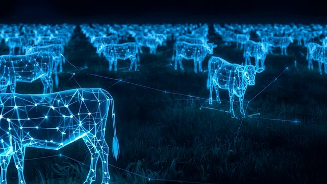 Blue Neon Wireframe Cattle Herd Glowing Polygons Connected Network Dark Pasture Digital Livestock Formation
