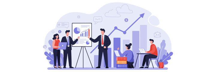Fototapeta premium Illustration of a business team giving a presentation in front of a giant growing graph, symbolizing financial success, corporate development, business growth, investment, and market analysis. 