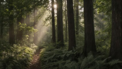 Obraz premium Sunbeams filter through a dense forest canopy illuminating a path.