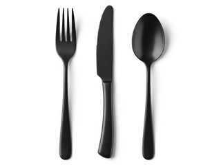 Matte Black Fork Knife and Spoon Set on White Background