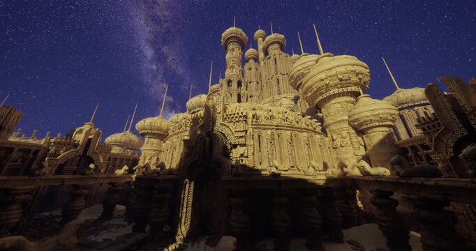 A vast architectural marvel stands under a clear night sky, showcasing intricate details and towering spires. The scene captures an ethereal glow from the stars as the structure commands attention.