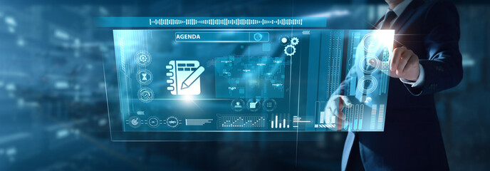 Businessman analyzing Agenda data on virtual interface strategic planning, meeting priorities, workflow alignment, productivity targets, business focus, operational direction.