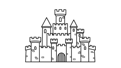 Obraz premium Whimsical Fort Detailed Black and White Line Art of a Classic Stone Castle
