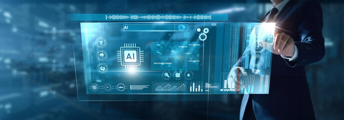 Businessman analyzing AI data on virtual interface machine learning models, predictive insights, automation trends, neural networks, smart analytics, digital intelligence.