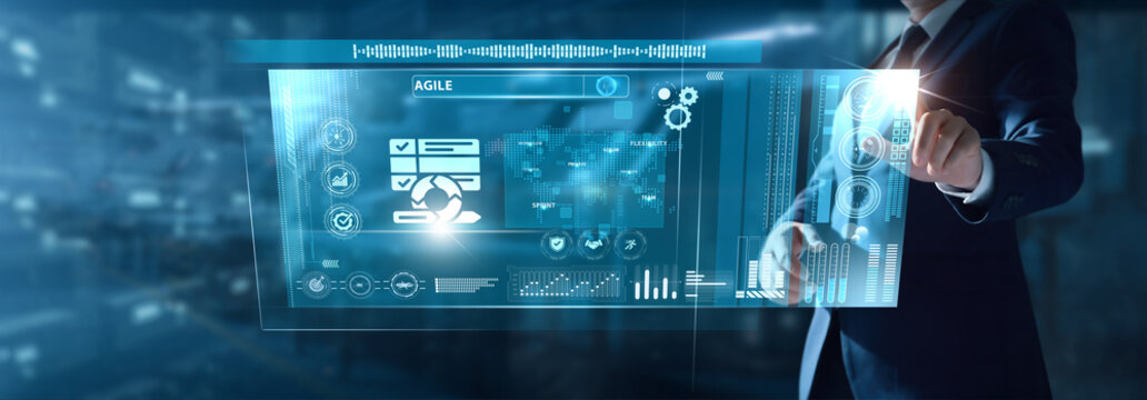 Businessman analyzing Agile data on virtual interface scrum workflow, sprint planning, iterative process, team collaboration, rapid delivery, flexible strategy.