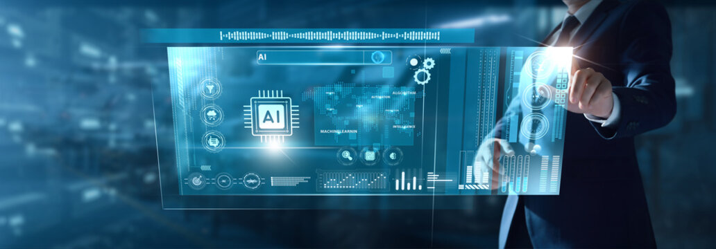 Businessman analyzing AI data on virtual interface machine learning models, predictive insights, automation trends, neural networks, smart analytics, digital intelligence. - Powered by Adobe