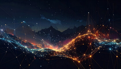 Abstract digital network connecting data points across a dark landscape.