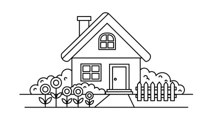 Charming Line Art Cozy Home with Garden in Minimalist Style, Black and White Illustration