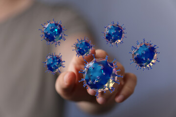 An artistic representation of viral particles in interaction with a hand, symbolizing healthcare, disease, or