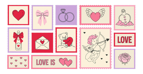 Happy Valentine day stamps set with cute hearts, cupid, rings, rose, bow, love messages. Hand-drawn vector creative concept design for web, graphic,or digital illustration, romantic and playful style.