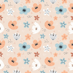 Floral vector seamless pattern with wildflowers on a light background. Perfect for textile designs or wrapping paper. Vector illustration.