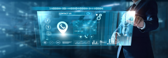 Businessman analyzing Contact Us data on virtual interface customer inquiries, support routing, communication flow, service response, engagement metrics.
