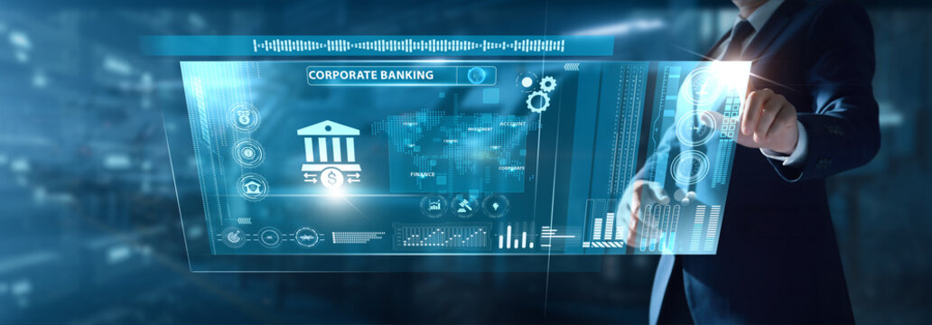 Businessman analyzing Corporate Banking data on virtual interface loan performance, treasury flows, client portfolios, credit operations, financial services. - Powered by Adobe