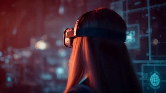 Woman Wearing VR Headset Immersed in Neon Digital Grid Interface Glowing Circuits Orange Background