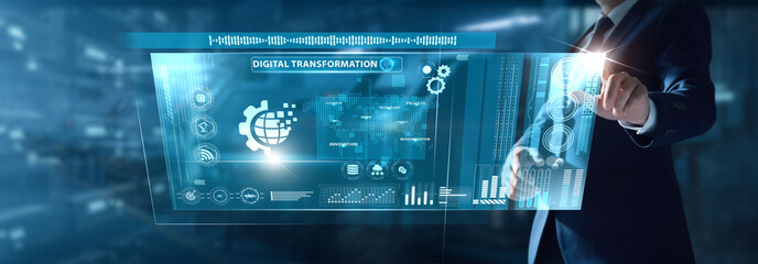 Businessman analyzing Digital Transformation data on virtual interface workflow modernization, tech adoption, process automation, innovation pathways.