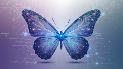 Futuristic digital butterfly with glowing core and luminous circuit wings on abstract technology background. Concept of transformation innovation artificial intelligence and digital evolution.