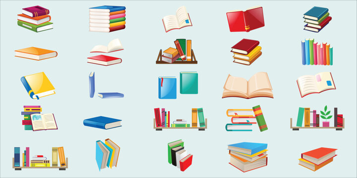 Cartoon books and school textbooks with bookmarks. Reading and education concept with stacked and open books, library and bookshelf elements. Vector isolated set.