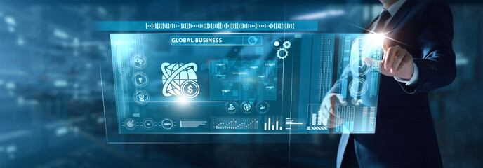 Businessman analyzing Global Business data on virtual interface market expansion, cross-border trade, economic trends, worldwide operations, international strategy.