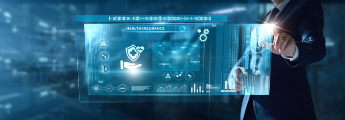 Businessman analyzing Health Insurance data on virtual interface policy coverage, claim patterns, cost trends, risk categories, customer protection metrics.