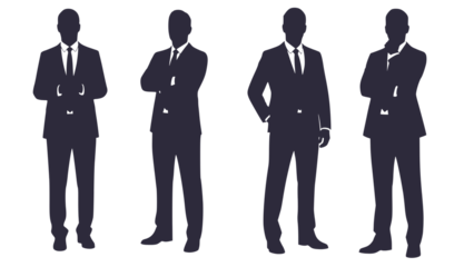 Four confident businessmen in formal suits standing