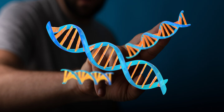 Abstract image of a hand with DNA strands. Science and genetics concept. Ideal for healthcare, research, and m