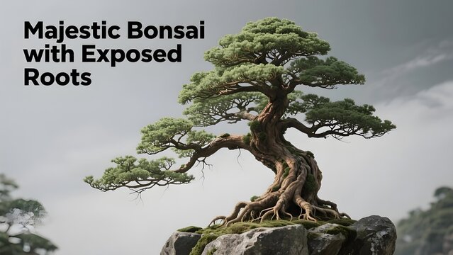 A majestic bonsai tree with intricate exposed roots growing on a rocky mountain ledge