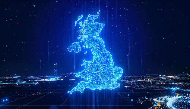Digital representation of the United Kingdom, glowing blue outline.