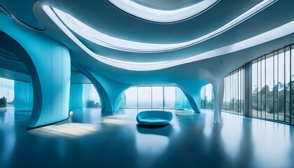 sleek contemporary architectural interior defined by flowing lines smooth curves and cool blue tones minimalist design creates calming sense of space modern elegance and futuristic sophistication