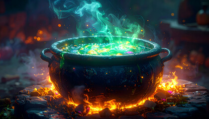 Mystical Cauldron Brewing Enchanted Potion with Glowing Effects.
