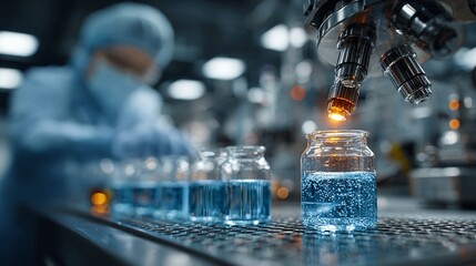 Scientist meticulously examines liquid sample under advanced microscope in sterile laboratory, showcasing pharmaceutical research and development innovation.