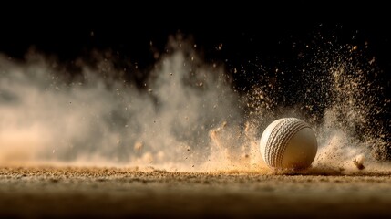 A close-up shot capturing a cricket ball in motion, dust billowing around it against a dark background, highlighting texture