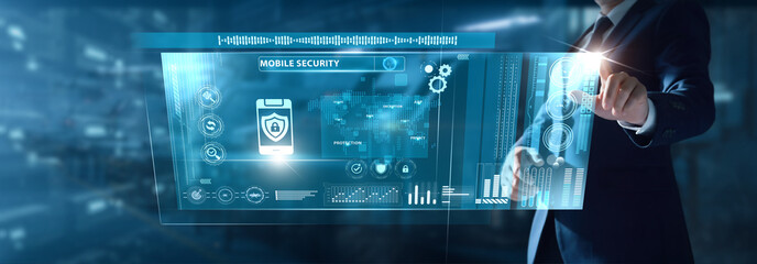 Businessman analyzing Mobile Security data on virtual interface device protection, encrypted access, threat monitoring, secure apps, authentication control.