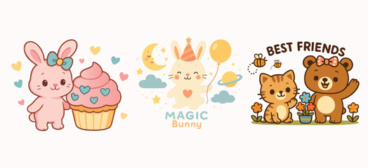 Fototapeta premium A whimsical illustration of cute animals and sweet treats celebrating friendship