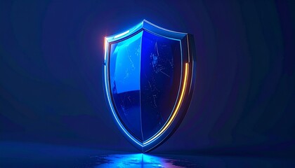 Abstract Shield With Digital Neon Lines And Light Effects Against Dark Blue Background