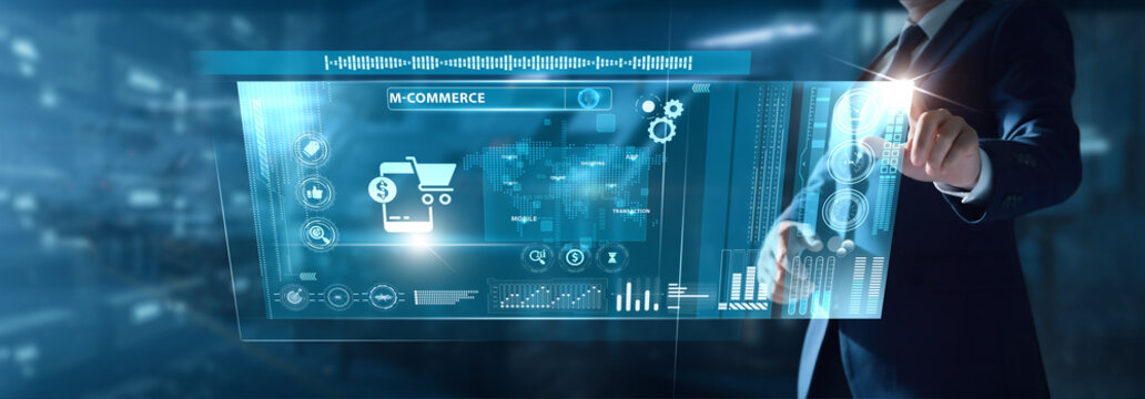 Businessman analyzing Mobile Commerce (M-Commerce) data on virtual interface app sales, checkout trends, user behaviour, mobile transactions, online purchasing flow. - Powered by Adobe