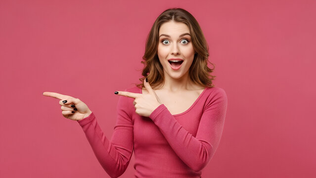 Excited Young Woman Pointing Aside Pink Background Surprise Amazed Portrait