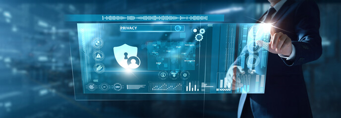 Businessman analyzing Privacy data on virtual interface user protection, data control, consent tracking, secure handling, compliance monitoring.