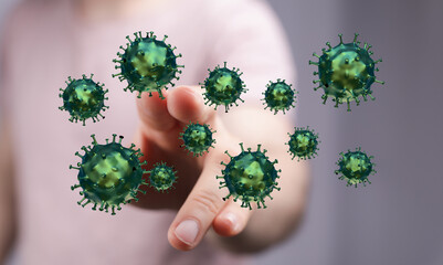 An artistic and conceptual representation of the coronavirus touching a digital virus and health care.