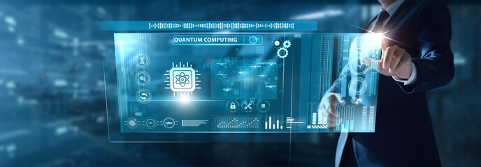 Businessman analyzing Quantum Computing data on virtual interface qubit performance, complex simulations, advanced algorithms, futuristic processing.