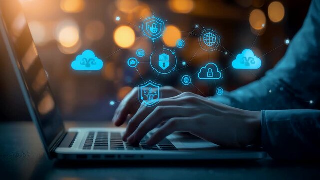 Hands Type On Laptop Glowing Cloud Icons Holographic Security Symbols Bokeh Lights Digital Cloud Computing Concept