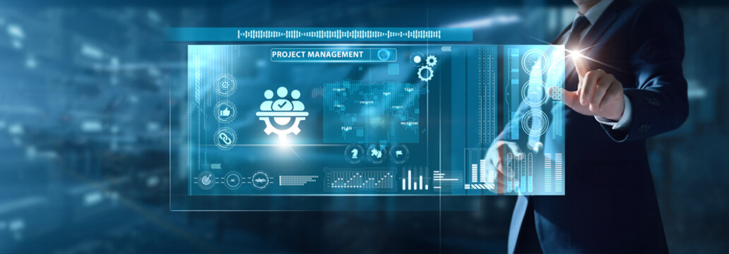 Businessman analyzing Project Management data on virtual interface task progress, workflow alignment, milestone tracking, resource allocation, team coordination. - Powered by Adobe