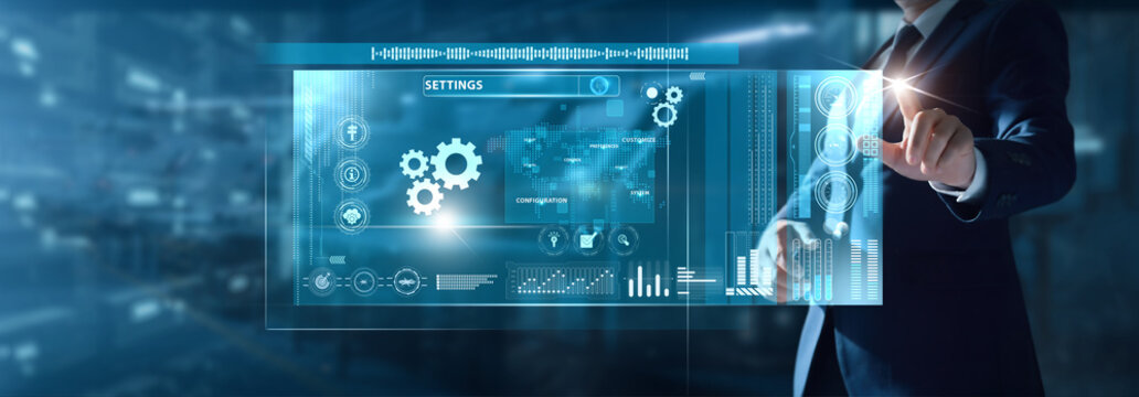 Businessman analyzing Settings data on virtual interface system preferences, configuration status, customization metrics, operational control, feature tuning.