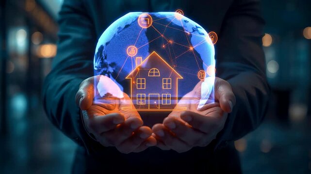 Hands Hold Glowing Blue Orange Holographic House Sphere Magical Protection Home Security Family Dream Concept