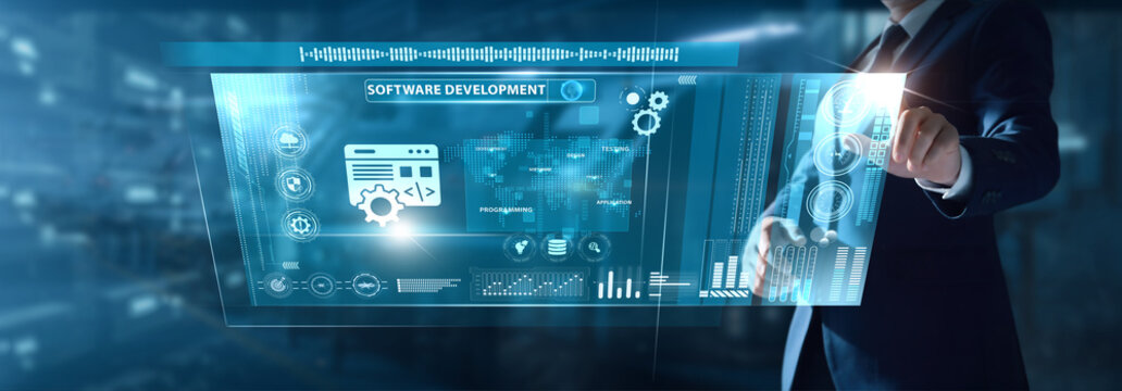 Businessman analyzing Software Development data on virtual interface code progress, sprint updates, version tracking, feature builds, engineering workflow. - Powered by Adobe